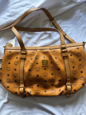 MCM Cognac Logo Canvas Double-Handle Shoulder Bag